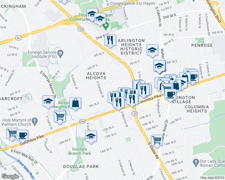 map of restaurants, bars, coffee shops, grocery stores, and more near 830 South Monroe Street in Arlington