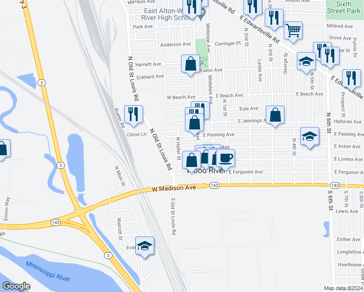 map of restaurants, bars, coffee shops, grocery stores, and more near 51 West Acton Avenue in Wood River