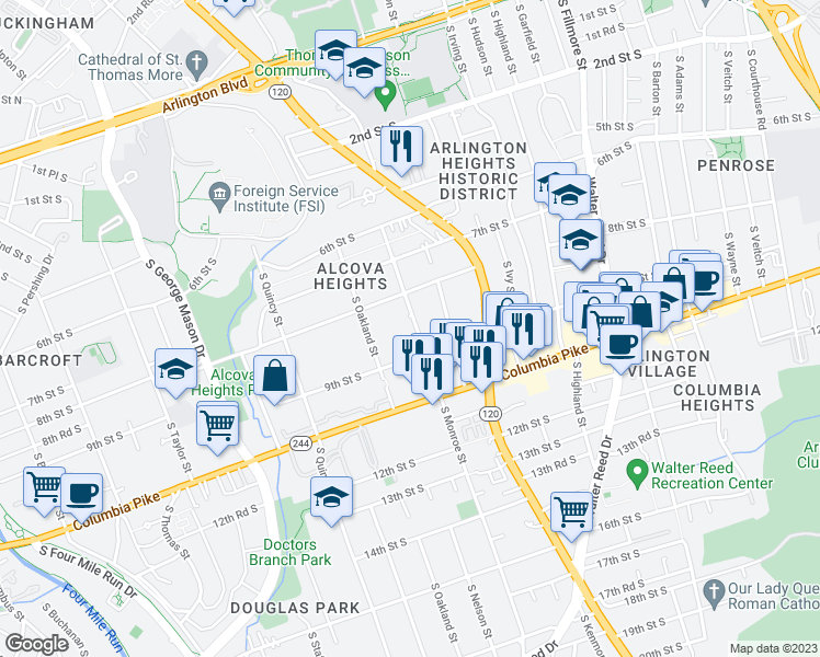 map of restaurants, bars, coffee shops, grocery stores, and more near 830 South Monroe Street in Arlington