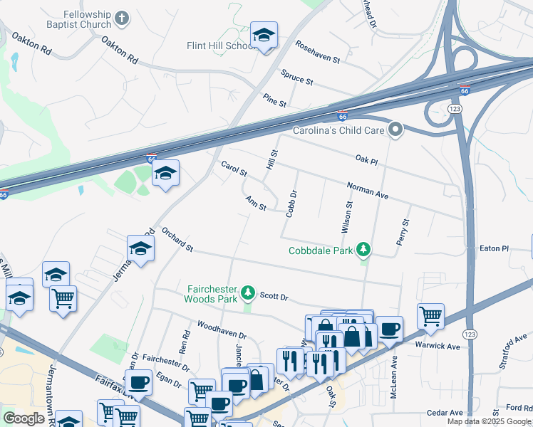 map of restaurants, bars, coffee shops, grocery stores, and more near 10807 Ann Street in Fairfax