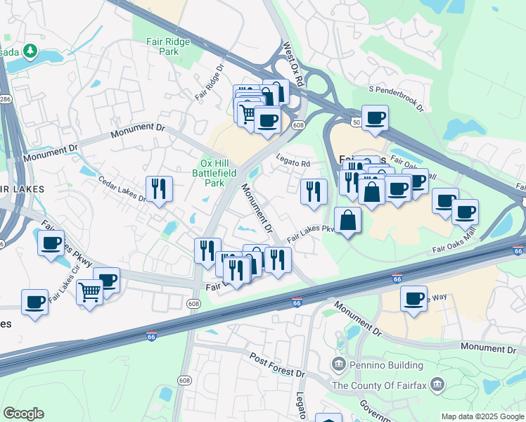 map of restaurants, bars, coffee shops, grocery stores, and more near 12152 Monument Drive in Fairfax