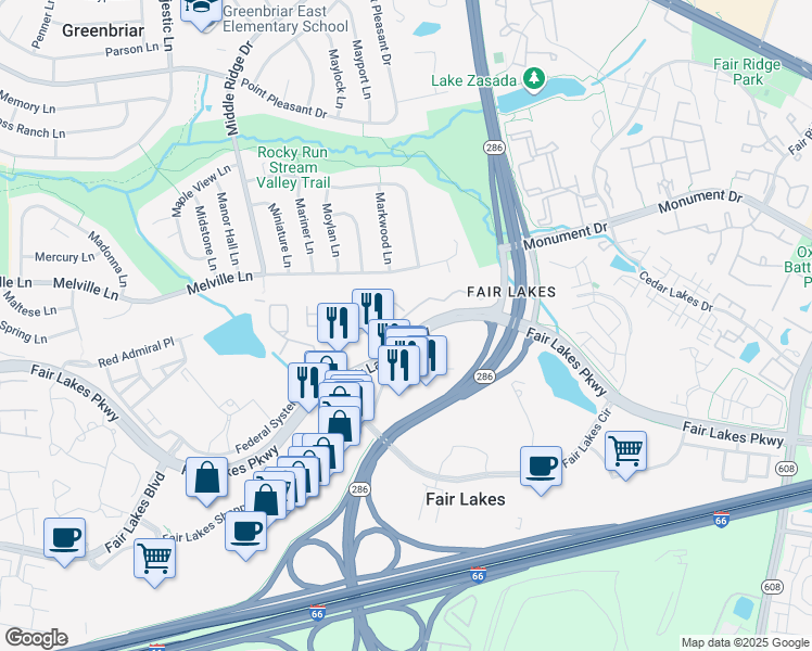 map of restaurants, bars, coffee shops, grocery stores, and more near 12755 Fair Crest Court in Fairfax