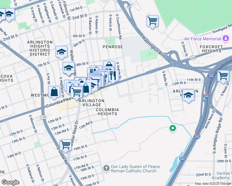 map of restaurants, bars, coffee shops, grocery stores, and more near 1016 South Wayne Street in Arlington