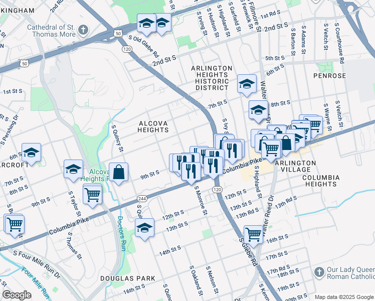 map of restaurants, bars, coffee shops, grocery stores, and more near 835 South Monroe Street in Arlington