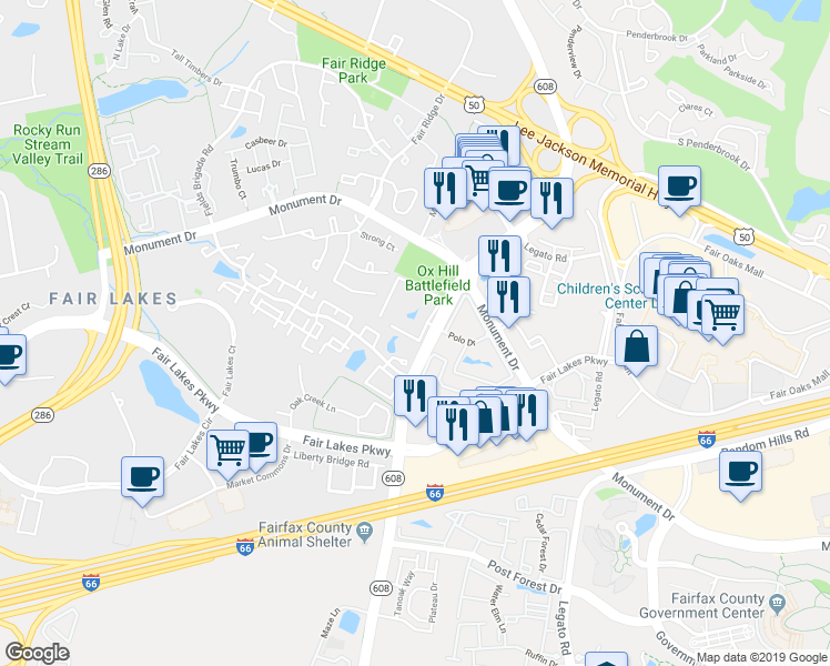 map of restaurants, bars, coffee shops, grocery stores, and more near 12209 Fairfield House Drive in Fairfax