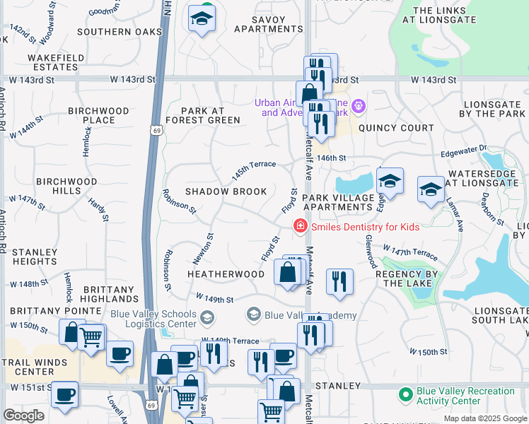 map of restaurants, bars, coffee shops, grocery stores, and more near 14607 Riley Street in Overland Park
