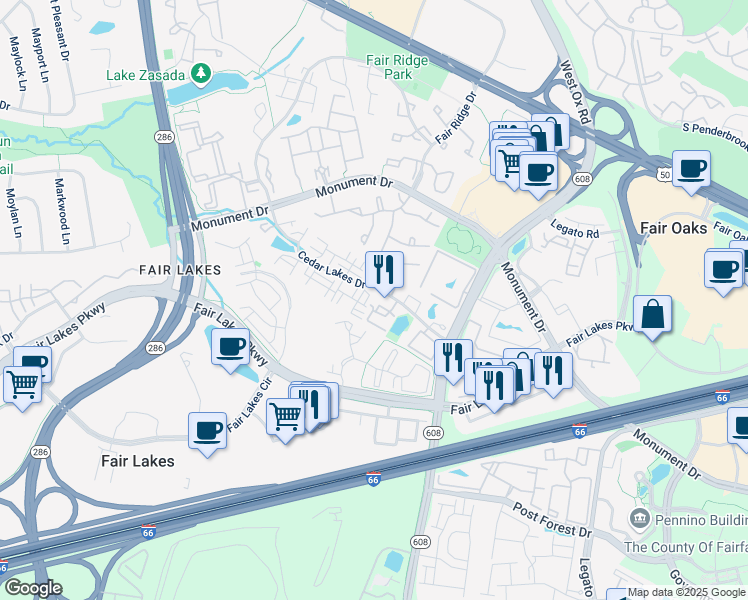 map of restaurants, bars, coffee shops, grocery stores, and more near 4310 Cannon Ridge Court in Fairfax