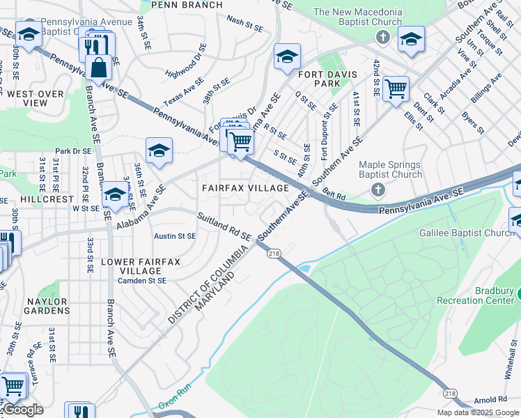 map of restaurants, bars, coffee shops, grocery stores, and more near 2121 Suitland Terrace Southeast in Washington