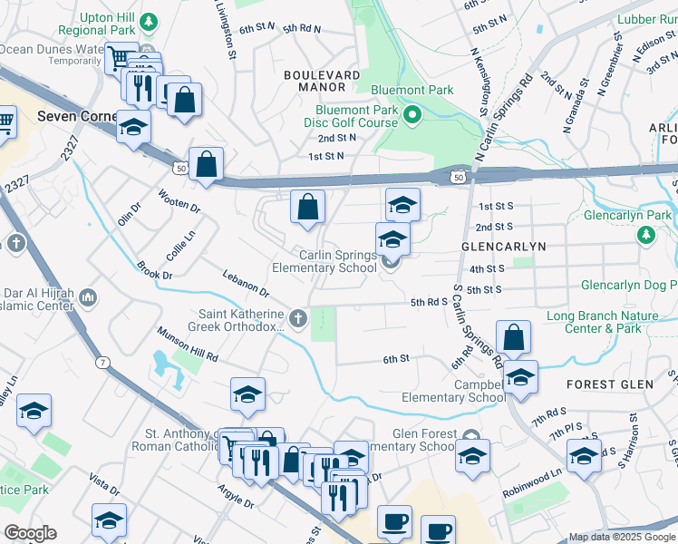 map of restaurants, bars, coffee shops, grocery stores, and more near 3101 South Manchester Street in Falls Church