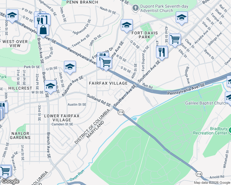 map of restaurants, bars, coffee shops, grocery stores, and more near 2123 Suitland Terrace Southeast in Washington