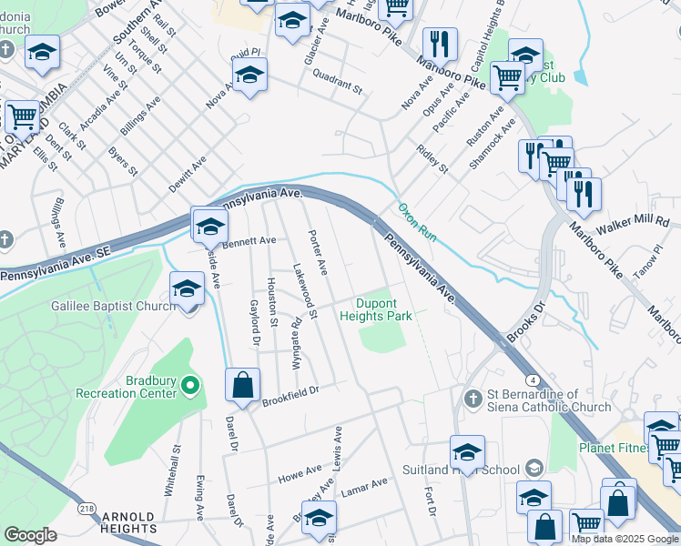 map of restaurants, bars, coffee shops, grocery stores, and more near 1915 Campbell Dr in Suitland