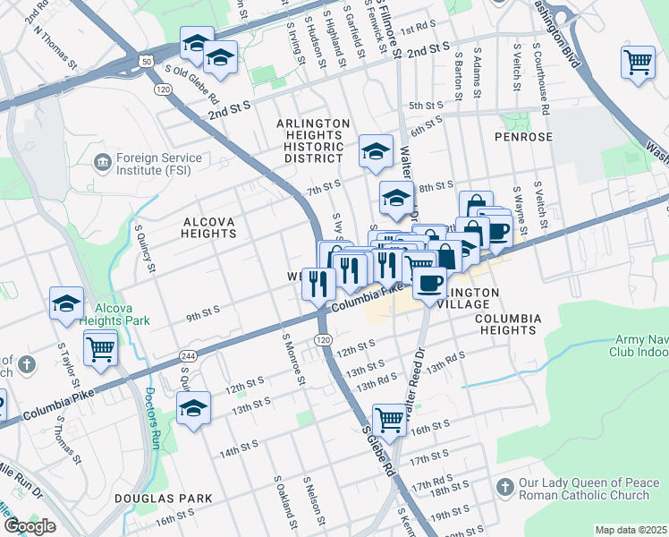 map of restaurants, bars, coffee shops, grocery stores, and more near 3235 9th Street South in Arlington