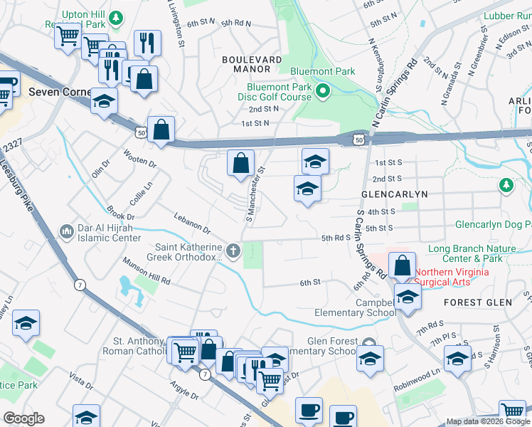 map of restaurants, bars, coffee shops, grocery stores, and more near 3101 South Manchester Street in Falls Church