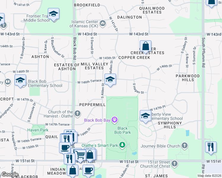 map of restaurants, bars, coffee shops, grocery stores, and more near 14590 South Shannan Street in Olathe