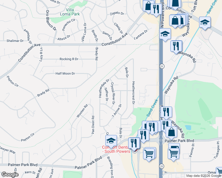 map of restaurants, bars, coffee shops, grocery stores, and more near 5410 Crystal Loma Point in Colorado Springs