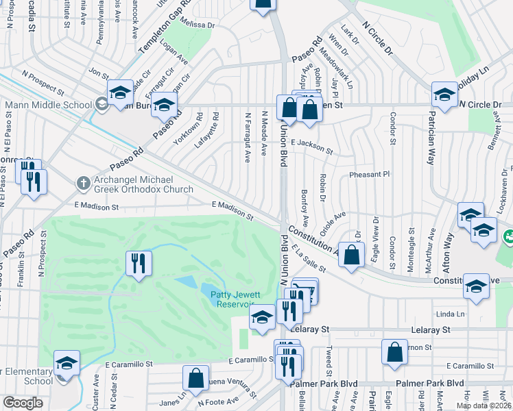 map of restaurants, bars, coffee shops, grocery stores, and more near 2211 Farragut Avenue in Colorado Springs