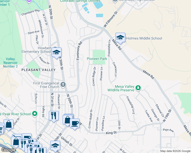 map of restaurants, bars, coffee shops, grocery stores, and more near 913 Crown Ridge Drive in Colorado Springs