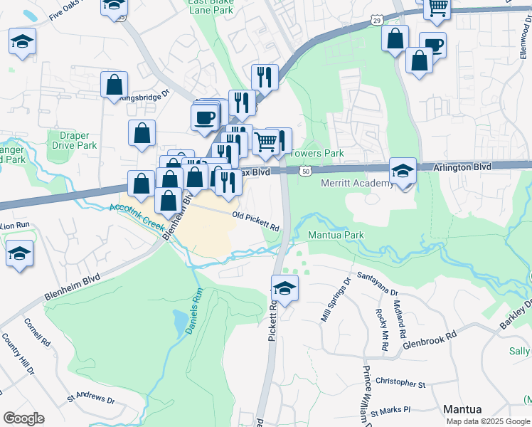 map of restaurants, bars, coffee shops, grocery stores, and more near 9459 Fairfax Boulevard in Fairfax