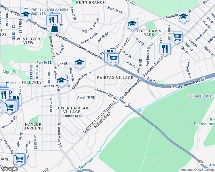 map of restaurants, bars, coffee shops, grocery stores, and more near 3829 West Street Southeast in Washington