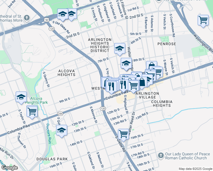 map of restaurants, bars, coffee shops, grocery stores, and more near 3235 9th Street South in Arlington