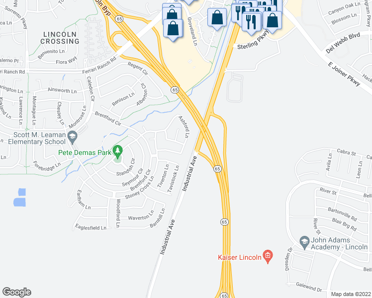 map of restaurants, bars, coffee shops, grocery stores, and more near 1052 Ashford Lane in Lincoln