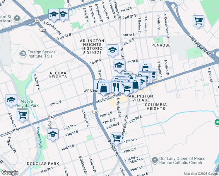 map of restaurants, bars, coffee shops, grocery stores, and more near 905 South Irving Street in Arlington