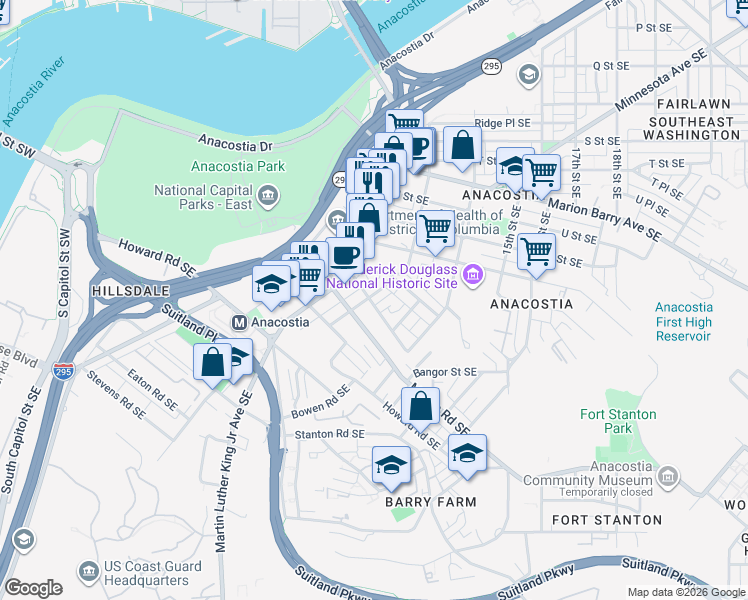 map of restaurants, bars, coffee shops, grocery stores, and more near 2270 Mount View Place Southeast in Washington