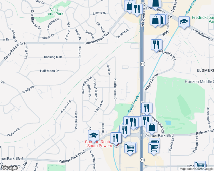 map of restaurants, bars, coffee shops, grocery stores, and more near 2140 Bula Drive in Colorado Springs