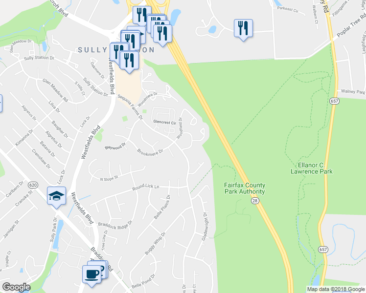 map of restaurants, bars, coffee shops, grocery stores, and more near 5146 Winding Woods Drive in Centreville