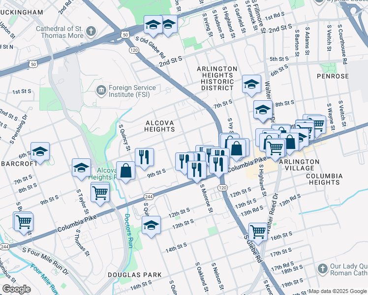 map of restaurants, bars, coffee shops, grocery stores, and more near 826 South Monroe Street in Arlington