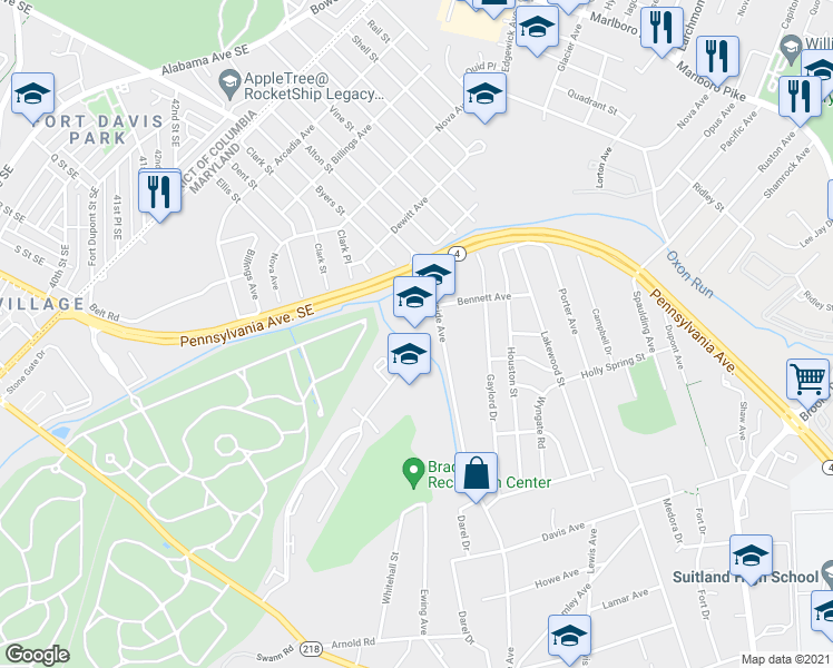 map of restaurants, bars, coffee shops, grocery stores, and more near 2001 Shadyside Avenue in Hillcrest Heights