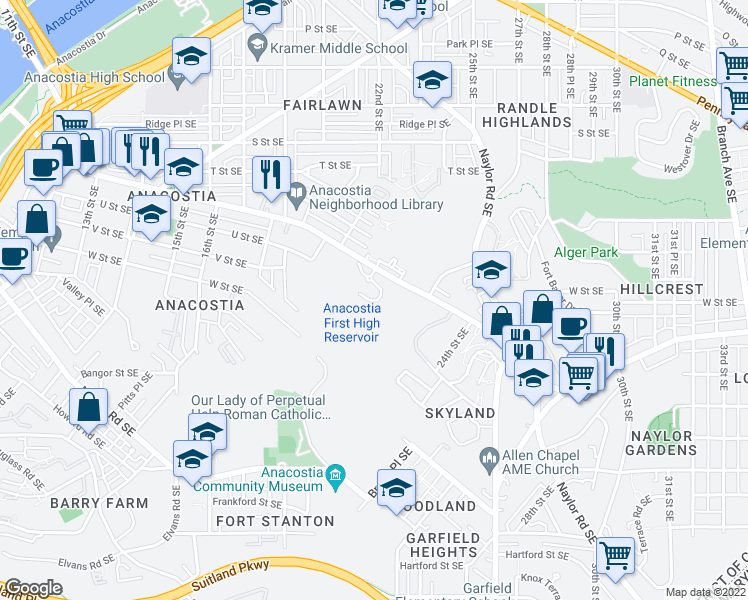 map of restaurants, bars, coffee shops, grocery stores, and more near 1824 Woodmont Place Southeast in Washington