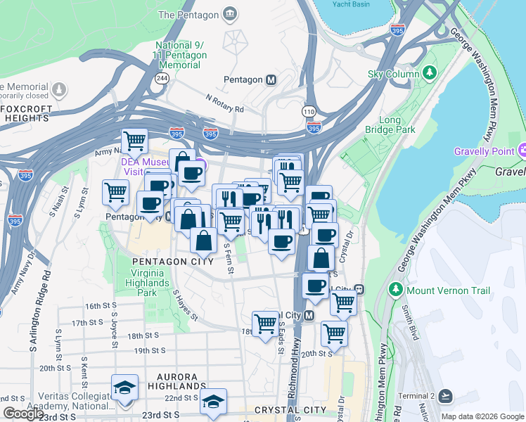 map of restaurants, bars, coffee shops, grocery stores, and more near 12th Street South in Arlington