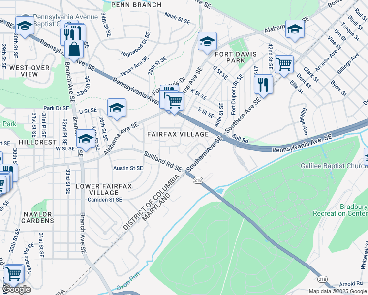 map of restaurants, bars, coffee shops, grocery stores, and more near 2042 Fort Davis Street Southeast in Washington