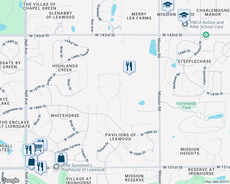 map of restaurants, bars, coffee shops, grocery stores, and more near 14570 Granada Circle in Overland Park