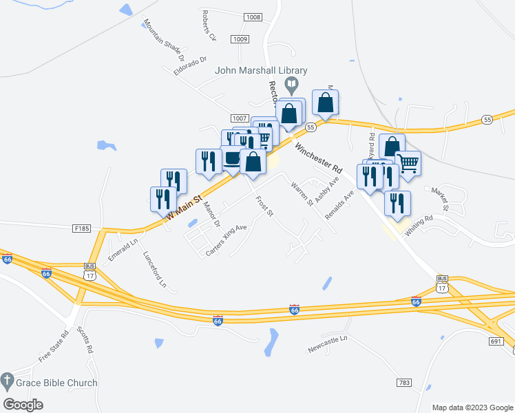 map of restaurants, bars, coffee shops, grocery stores, and more near 4250 Frost Street in Marshall