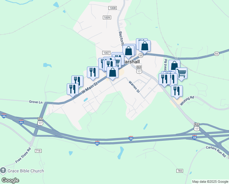 map of restaurants, bars, coffee shops, grocery stores, and more near 4250 Frost Street in Marshall