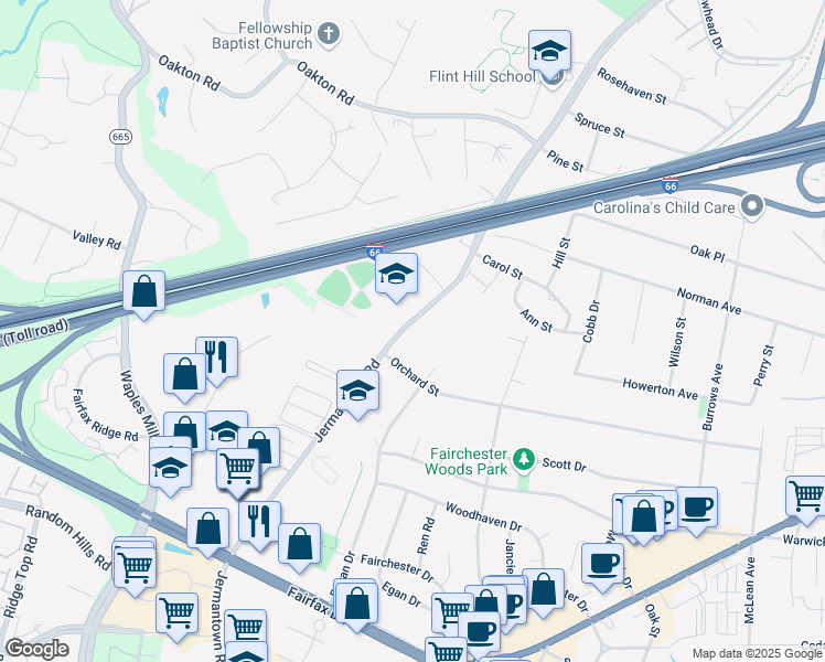 map of restaurants, bars, coffee shops, grocery stores, and more near 3619 Jermantown Road in Fairfax