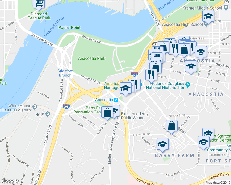 map of restaurants, bars, coffee shops, grocery stores, and more near 1004 Howard Road Southeast in Washington