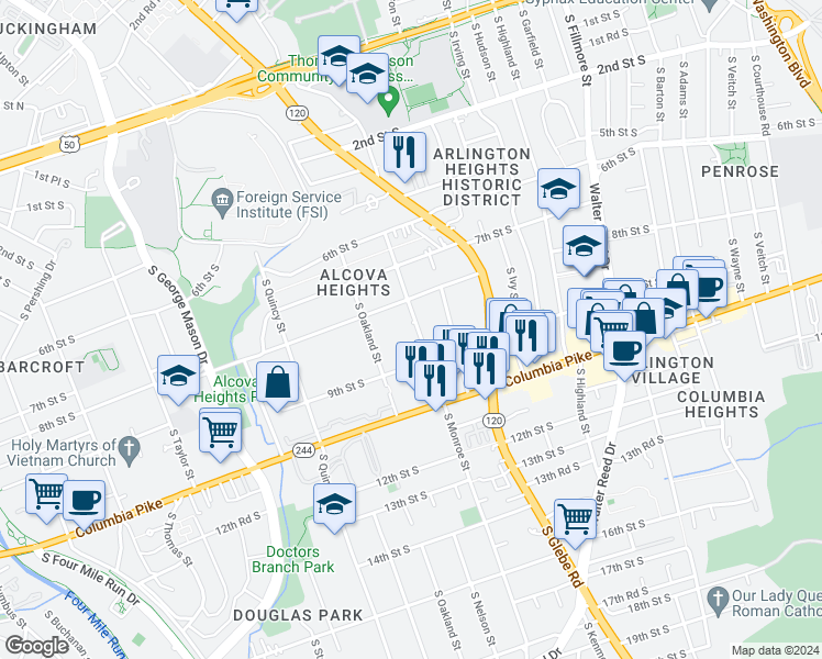 map of restaurants, bars, coffee shops, grocery stores, and more near 826 South Monroe Street in Arlington