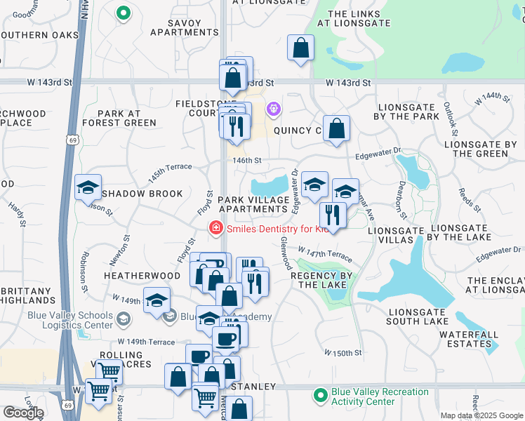 map of restaurants, bars, coffee shops, grocery stores, and more near 14671 Barkley Street in Overland Park
