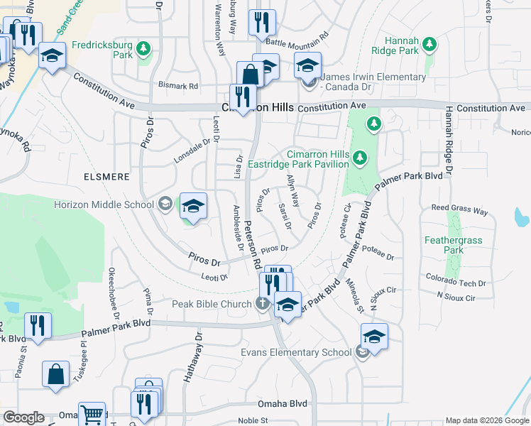 map of restaurants, bars, coffee shops, grocery stores, and more near 2385 Piros Drive in Colorado Springs