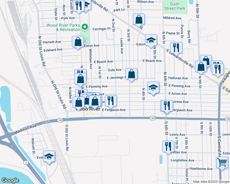 map of restaurants, bars, coffee shops, grocery stores, and more near 152 East Penning Avenue in Wood River