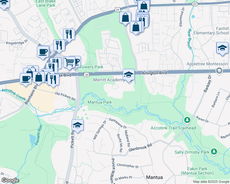 map of restaurants, bars, coffee shops, grocery stores, and more near 9229 Arlington Boulevard in Fairfax