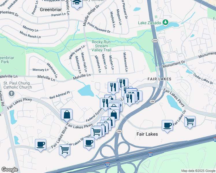 map of restaurants, bars, coffee shops, grocery stores, and more near 4533 Superior Square in Fairfax