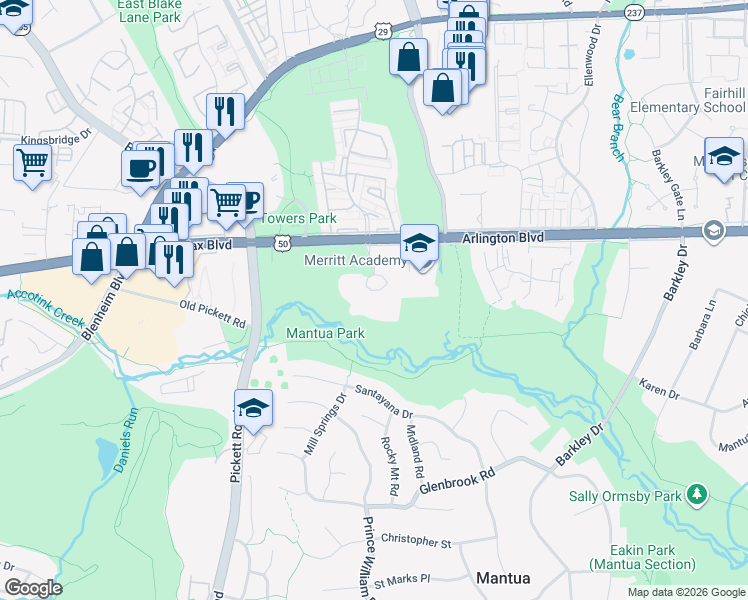 map of restaurants, bars, coffee shops, grocery stores, and more near 9229 Arlington Boulevard in Fairfax