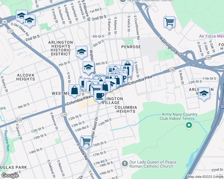 map of restaurants, bars, coffee shops, grocery stores, and more near 1022 South Cleveland Street in Arlington