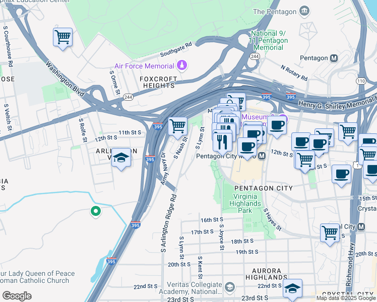 map of restaurants, bars, coffee shops, grocery stores, and more near 1301 South Arlington Ridge Road in Arlington