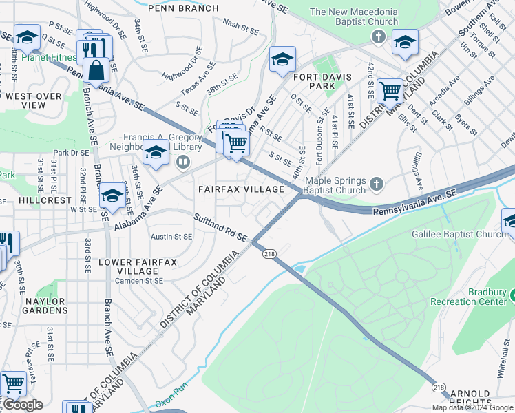 map of restaurants, bars, coffee shops, grocery stores, and more near 2121 Suitland Terrace Southeast in Washington