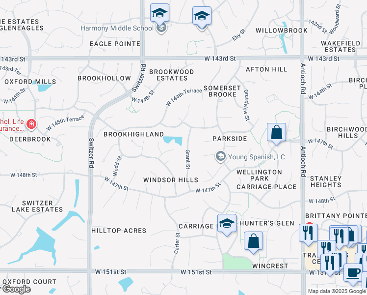 map of restaurants, bars, coffee shops, grocery stores, and more near 14530 Grant Street in Overland Park